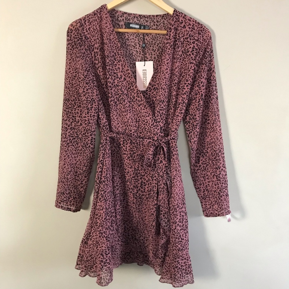 NWT Pink Leopard Print Misguided Wrap Dress